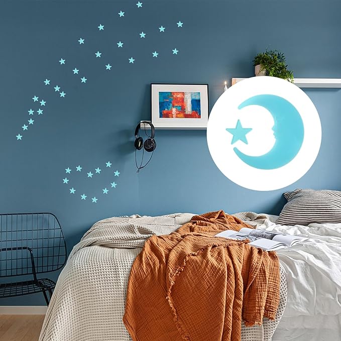 100 Stars and 1 Moon Glow in The Dark Luminous Fluorescent 3D Plastic Glow Stars Moon for Ceiling, Glowing Wall Stickers Create a Realistic Starry Sky, Room Decorations (Blue)-CasaMuseHome