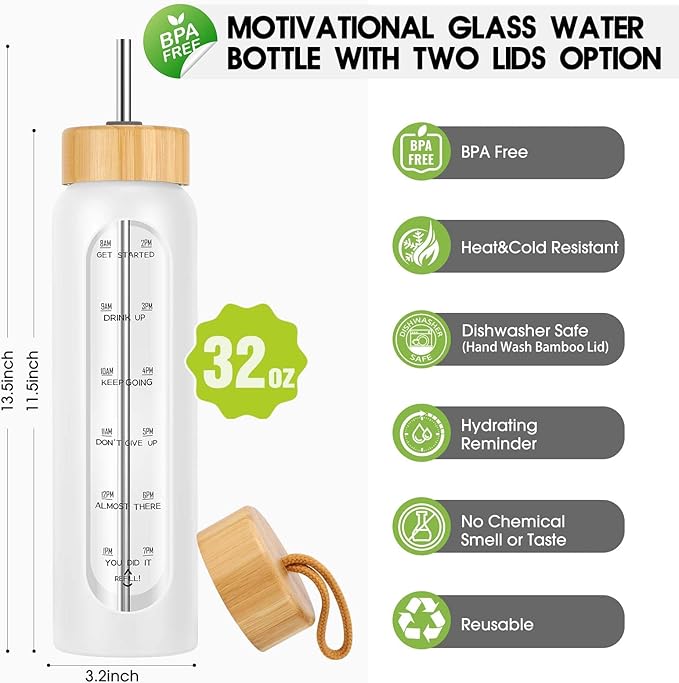 32 oz Glass Water Bottle with Straw - Motivational Time Marker & Silicone Sleeve - Reusable Tumbler Includes 2 Bamboo Lids & Fruit Infuser - 1 Pack-CasaMuseHome