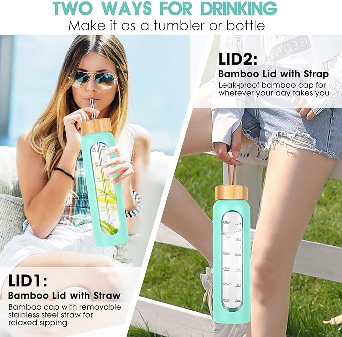 32 oz Glass Water Bottle with Straw - Motivational Time Marker & Silicone Sleeve - Reusable Tumbler Includes 2 Bamboo Lids & Fruit Infuser - 1 Pack-CasaMuseHome