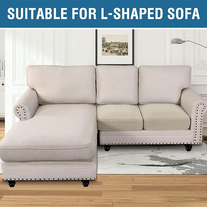 H.VERSAILTEX Super Stretch Individual Seat Sofa Covers Couch Slipcover Sets Thick Jacquard Textured Twill Fabric (2 Piece Medium Sofa Cushion Covers, Natural)-CasaMuseHome