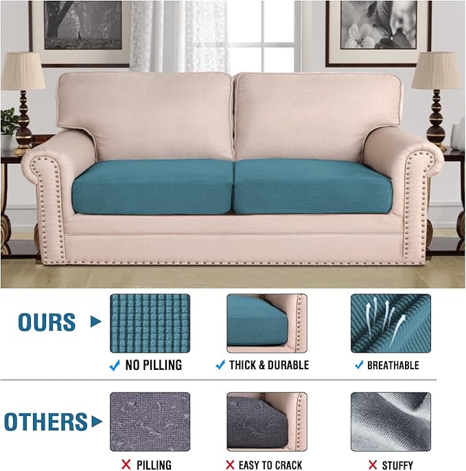 H.VERSAILTEX Super Stretch Individual Seat Cushion Covers Sofa Covers Couch Cushion Covers Slipcover Sets Thick Jacquard Textured Twill Fabric (2 Piece Large Sofa Cushion Covers, Storm Blue)-CasaMuseHome