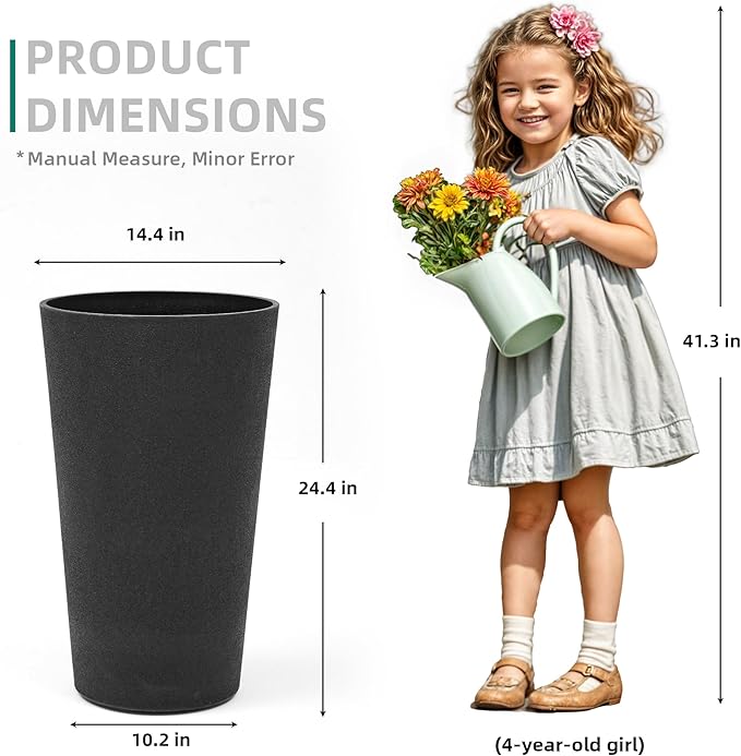 24" Tall Planters for Outdoor Plants, Set of 2 Heavy-Duty Resin Flower Pots, Matte Black Leather Grain Finish, Durable & Weather-Resistant, Ideal for Garden, Patio, Yard, Porch, or Home Use-CasaMuseHome