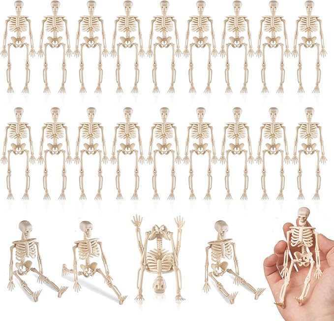24 Pcs mini skeleton halloween decoration With hemp rope，6”small plastic posable halloween tiny skeleton figurines decor for Halloween Indoor Outdoor Graveyard Decor Haunted House Party Favors-CasaMuseHome