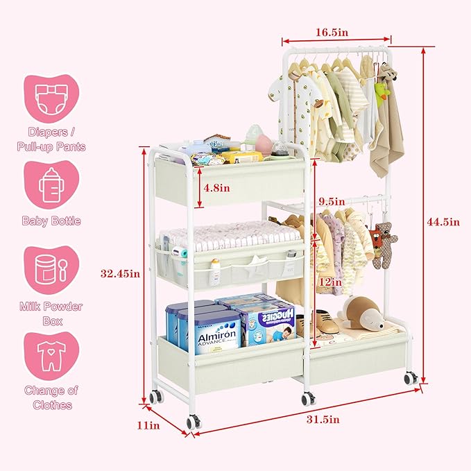 2in1 Baby Diaper Caddy & Clothes Organizer and Storage Rolling Cart, Large Capacity Nursery Organization For Baby Dresser,Changing Table, Crib, With 2 Dividers & 7 Pockets,White-CasaMuseHome