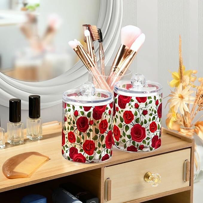 2 Pack Qtip Holder Dispenser Red Rose Flowers Bathroom Storage Canister Lid Acrylic Plastic Apothecary Jar Set Vanity Makeup Organizer for Cotton Swab/Ball/Round Pads, Floss-CasaMuseHome