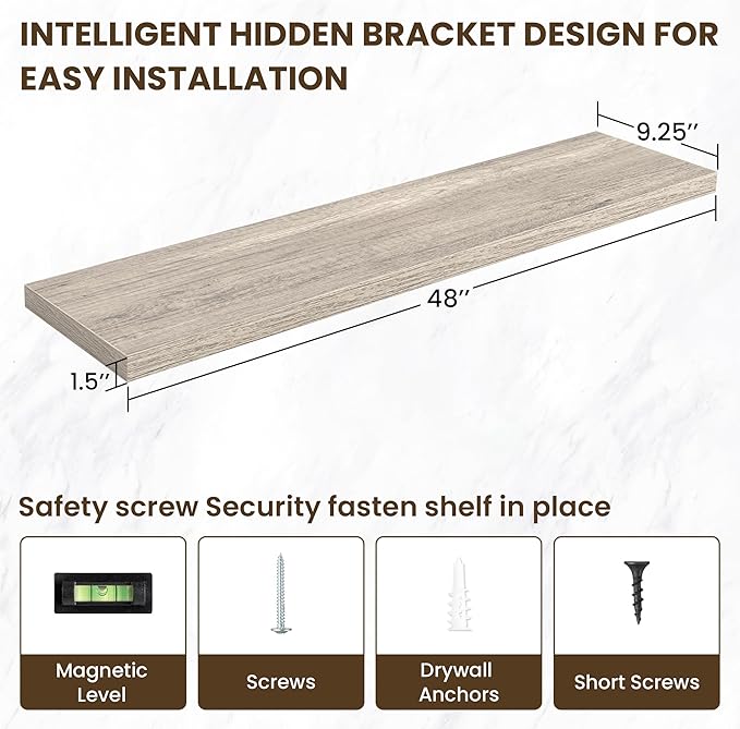 48 Inch Floating Shelves, 3D Textured Wood Grain, 48"x9.25"x1.5" Inch Deep Floating Shelves for Wall, Wooden Shelves for Bathroom, Bedroom, Living Room, Vintage Gray Oak-CasaMuseHome