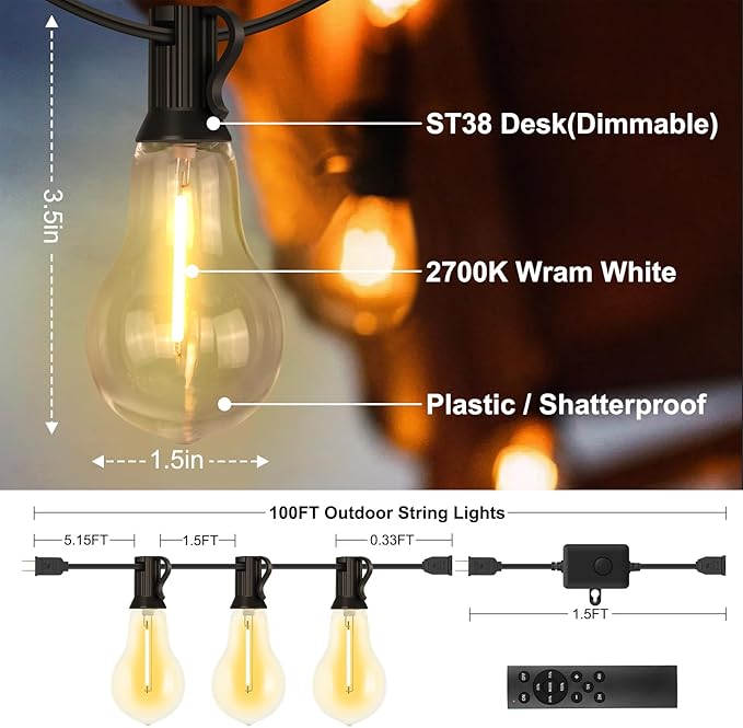 100FT Outdoor String Lights Waterproof with 64+4 Bulbs (1.5FT Bulbs Spacing), Remote & Dimmer, Commercial Patio String Lights with 3 Mode Light & Timing, 100PC Mounting Ties for Outside-CasaMuseHome