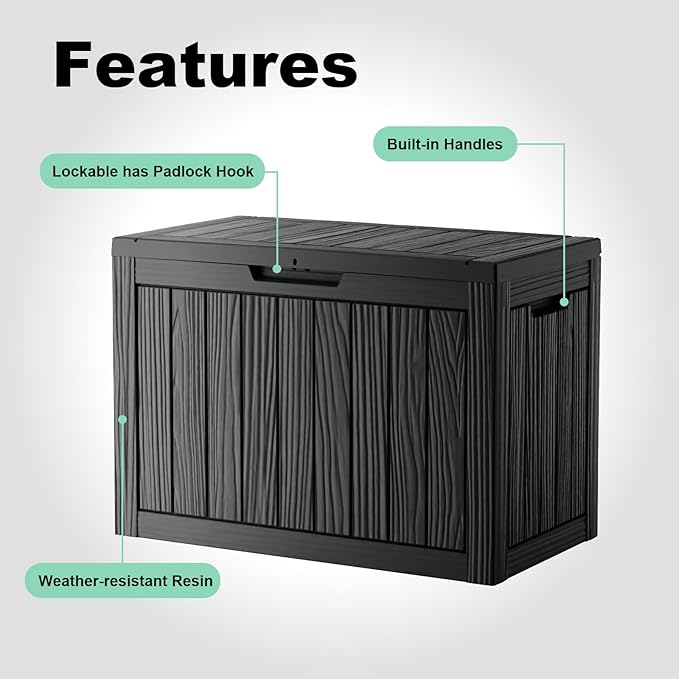 45 Gallon Resin Deck Box, Lockable Outdoor Storage Box for Patio Cushions Storage Furniture,Garden Tools, Pool Supplies, Weatherproof and UV Resistant（Black）-CasaMuseHome