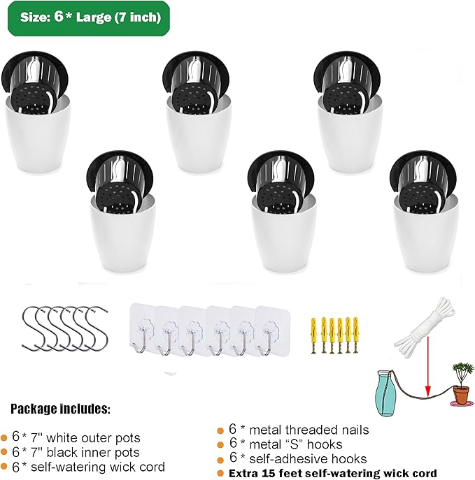 6 Pack White Hanging Planter Pots Self Watering Vertical Garden Wall Mount Window Hang Round Plastic Container Indoor Outdoor for Plants Flowers Succulent Kitchen Living Herbs Holder Decor(Large)-CasaMuseHome