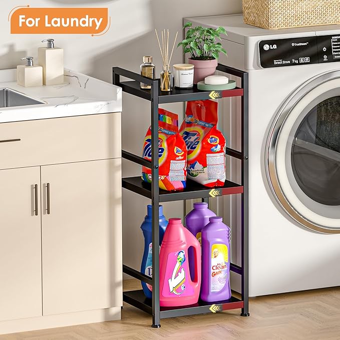 3-Tier Expandable Storage Shelves, 110LBS Heavy Duty Metal Shelving Unit, Adjustable Laundry Room Organization and Storage Shelf Rack,Ideal Narrow Bathroom Kitchen Laundry Room Organizer,Free-Standing-CasaMuseHome