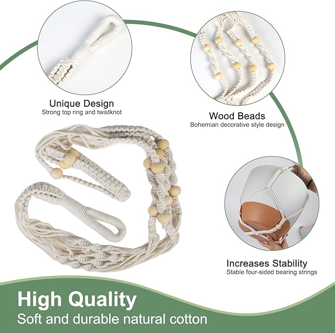 41.5 Inch Macrame Plant Hanger Indoor Outdoor with 12 Inch Flower Pot, Hanging Planter for Plants Holder with Wood Beads for Boho Home Decor (Ivory+White)-CasaMuseHome