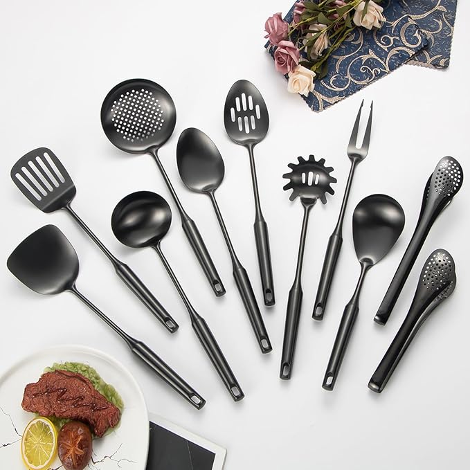 304 Stainlss Steel Matte Kitchen Utensils Set, 11 Pcs Long Metal Cooking Utensil Gadgets Tools Set with Spatula, Ladle, Spoon, Ladle, Skimmer, Tunner, Pasta Server, Tongs(Black, Dishwasher Safe)-CasaMuseHome