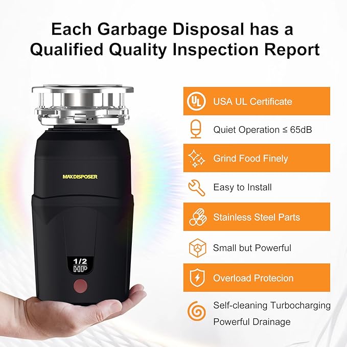 A400 Garbage Disposal 1/2 HP for Kitchen Sink, Small Fit Food Waste Disposer Fast Continuous Feed Stainless Steel Grinding, Quietness, Ease of Installation, Corded, Powerful Drainage Half Horsepower-CasaMuseHome