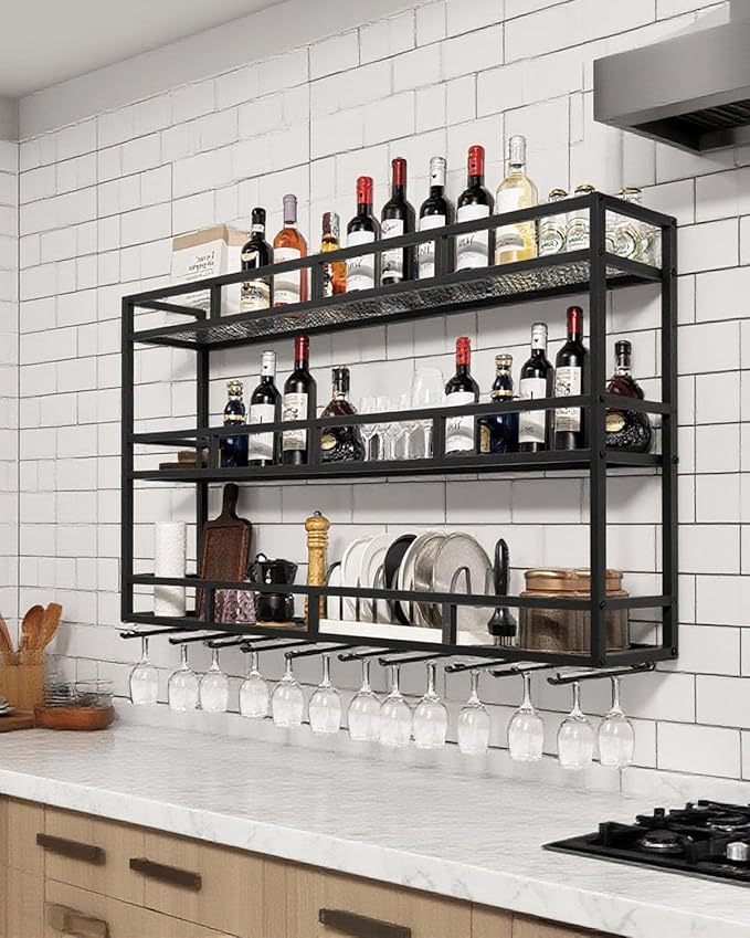 59" Large Wine Rack Wall Mounted with Bottle Glass Holder, 3-Tiers Metal Liquor Floating Shelves with LED Light, Wall Bar Shelf for Home, Restaurant, Commercial Bar, Kitchen Storage Display-CasaMuseHome