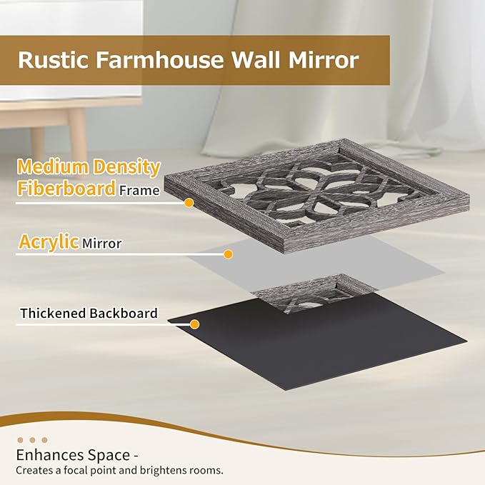 4pcs Farmhouse Wall Mirror with Carved Floral Design -Rustic Mirror Decor for Home, 12x12 inch(Brown)-CasaMuseHome