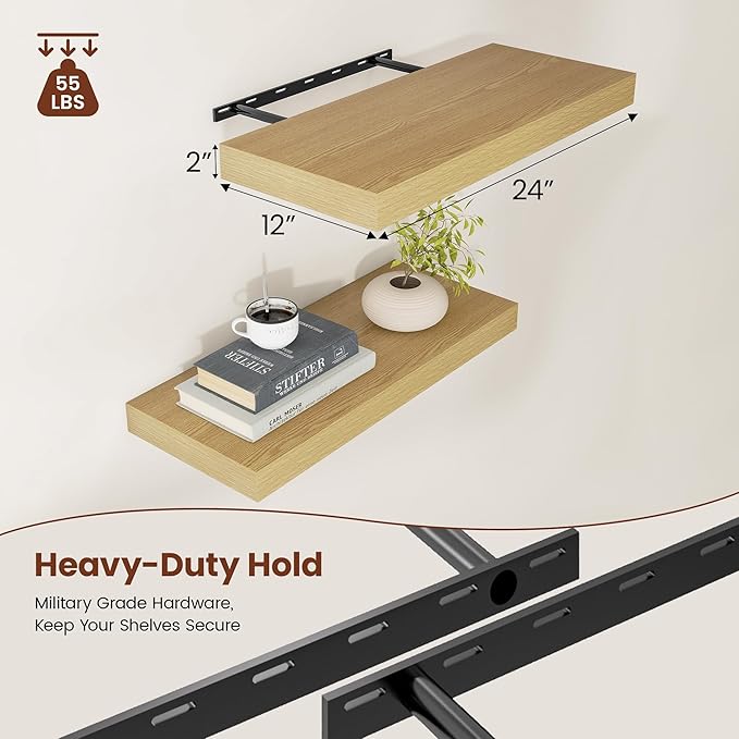 12 Inch Deep Floating Shelves 24 inch Long, 24 x 12 Wide Wall Shelves with Invisible Brackets, Heavy Duty Shelf for Bedroom Bathroom Living Room Kitchen Office Home Decor, Modern Shelf Set of 2, Oak-CasaMuseHome