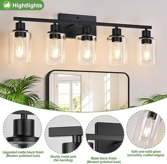 5-Light Bathroom Light Fixtures, Matte Black Modern Vanity Lights with Clear Glass Shades, Bathroom Vanity Light for Mirror Living Room Cabinet Bedroom Porch-CasaMuseHome