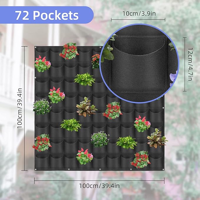 72 Pockets Hanging Planter Bags, Hanging Vertical Wall Mounted Plant Planting Grow Bags, Herb Garden Planter Outdoor Indoor Growing Bag, Gardening Vertical Greening Flower Container(1m×1m, Black)-CasaMuseHome