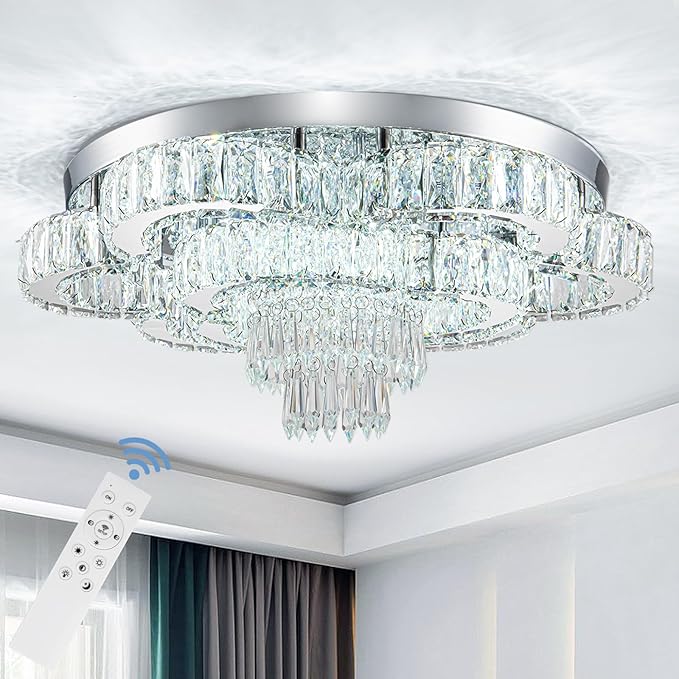 21 Inch Crystal Chandeliers with Remote Control LED Chandelier Modern Mount Flush Mount Chandelier Ceiling Light Fixtures for Bedroom Living Room Dining Room(Dimmable)-CasaMuseHome