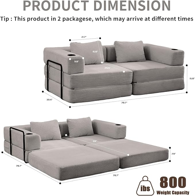 78" W Loveseat Sofa, 4 in 1 Convertible Floor Sofa Bed, Boneless Cloud Couch with Cup Holder, Fold Out Floor Couch, Loveseat Recliner Sleeper for Living Room Bedroom Lounge(Corduroy, White)-CasaMuseHome