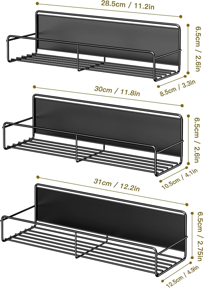 3 Pack Magnetic Spice Rack Organizer, Space Saver for Refrigerator and Whiteboard, Metal Fridge Shelf for Kitchen and Classroom, Black-CasaMuseHome