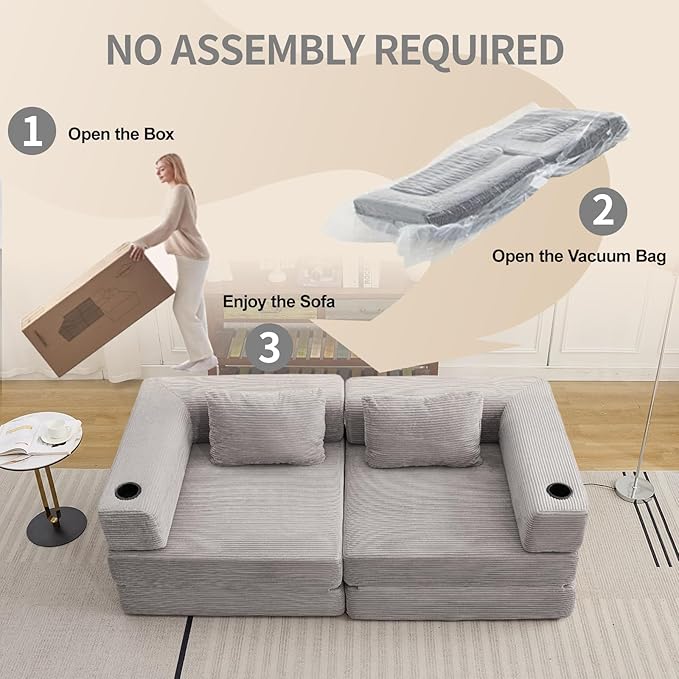 78" W Loveseat Sofa, 4 in 1 Convertible Floor Sofa Bed, Boneless Cloud Couch with Cup Holder, Fold Out Floor Couch, Loveseat Recliner Sleeper for Living Room Bedroom Lounge(Corduroy, White)-CasaMuseHome