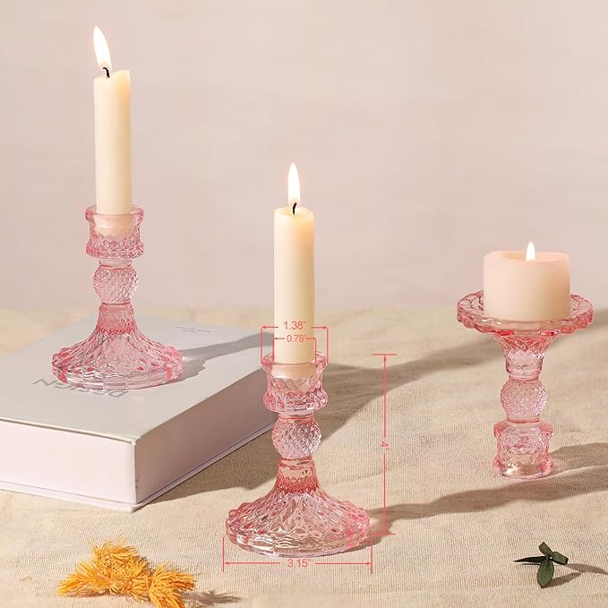 12Pcs Pink Candlestick Holders Set- 4" H Taper Candle Holders Bulk, Glass Candle Holders for Wedding, Party, Romantic Dinner Table Centerpieces, Festival Gifts & Windowsill Decor-CasaMuseHome