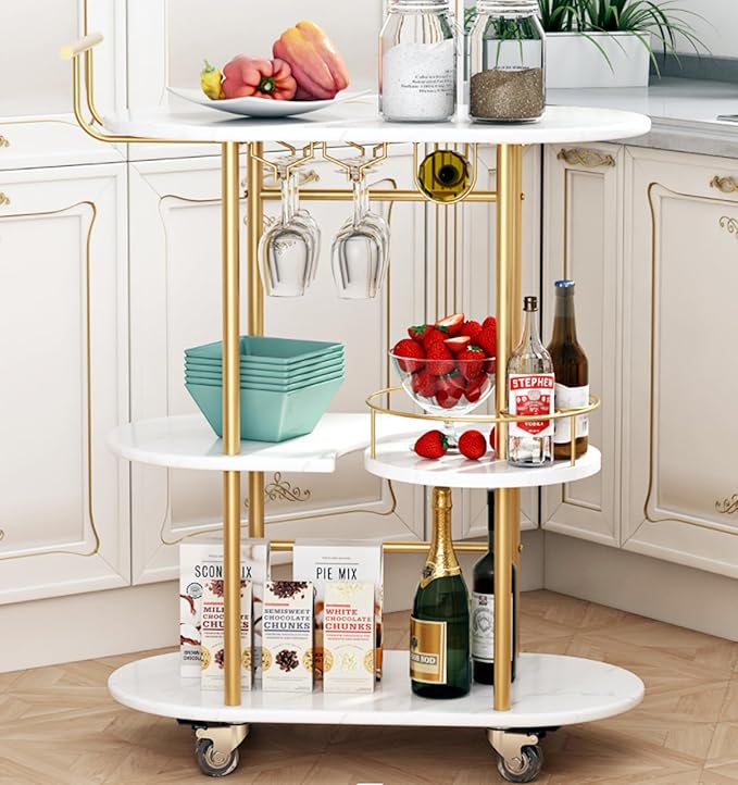 3 Tier Gold Bar Carts for Home Bar Serving Cart with Wheels, Heavy Duty Bar Wine Cart with Storage Shelves, for The Living Room, Kitchen, Bar, Party-CasaMuseHome