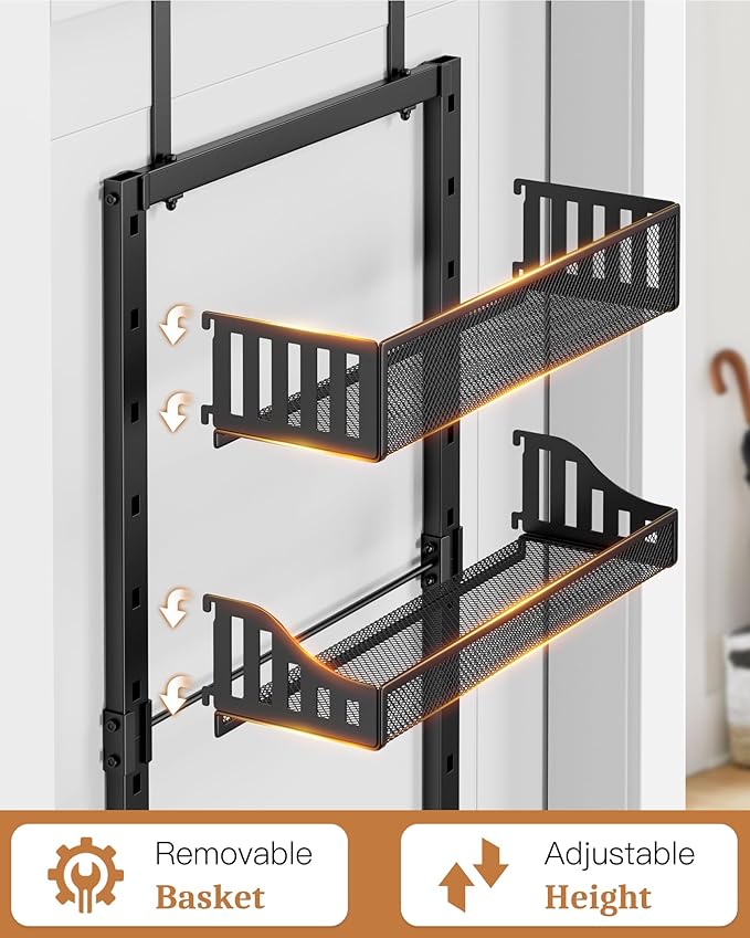 8-Tier Over the Door Pantry Organizer, Large Metal Door Spice Rack with Adjustable Basket, 2 in 1 Wall Mount or Hanging Heavy-Duty Pantry Door Storage Shelf for Kitchen and Bathroom, Black-CasaMuseHome