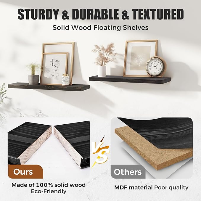 24"x6.8"x1.2" Solid Wood Floating Shelves 2-Pack - Rustic Black Finish with Hidden Brackets, Perfect for Storage and Décor in Living Room, Kitchen, Bedroom-CasaMuseHome