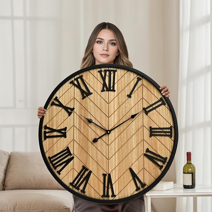 30 Inch Large Wall Clock Farmhouse Style - Brown Silent Non-Ticking Rustic Decor for Living Room, Kitchen, Bedroom-CasaMuseHome