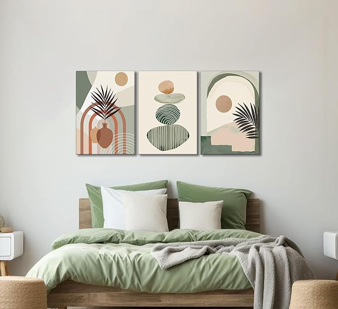 3 Pcs Mid Century Modern Boho Abstract Canvas Wall Art Neutral Green Bohemia Sun and Plant Pictures Wall Decor Posters Print Artwork for Living Room Bedroom Bathroom Office Home Decoration-CasaMuseHome