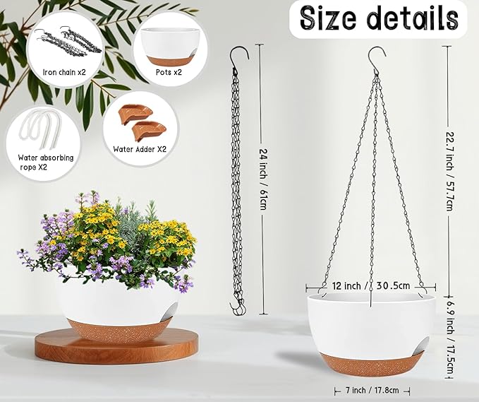2 Pack 12 Inch Large Hanging Planters with Chains Self Watering White Brown Plastic Hanging Pots for Indoor Outdoor Plants, Garden Porch Home Decor，White Brown-CasaMuseHome