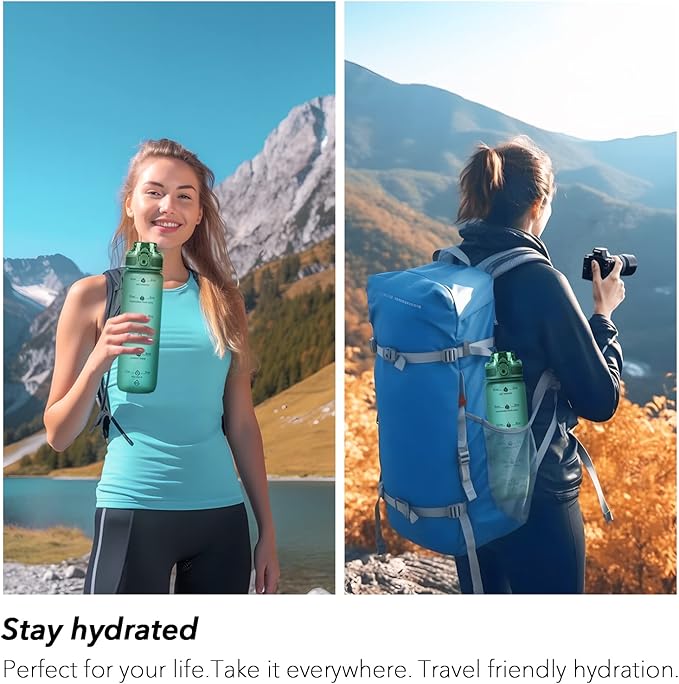 32oz Motivational Water Bottles with Time Marker & Fruit Strainer, Transparent Gradient Color Water Bottle with Times to Drink, Leakproof & BPA Free, Reusable Bottle with Strap (No Straw)-CasaMuseHome