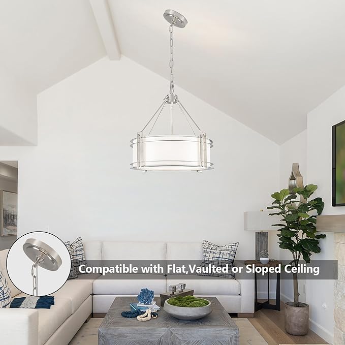 16.3''Drum Chandelier 3-Light Brushed Nickel Modern White Fabric Chandeliers Adjustable Drum Pendant Light for Dining Room Kitchen Island Hallway Living Bedroom-CasaMuseHome