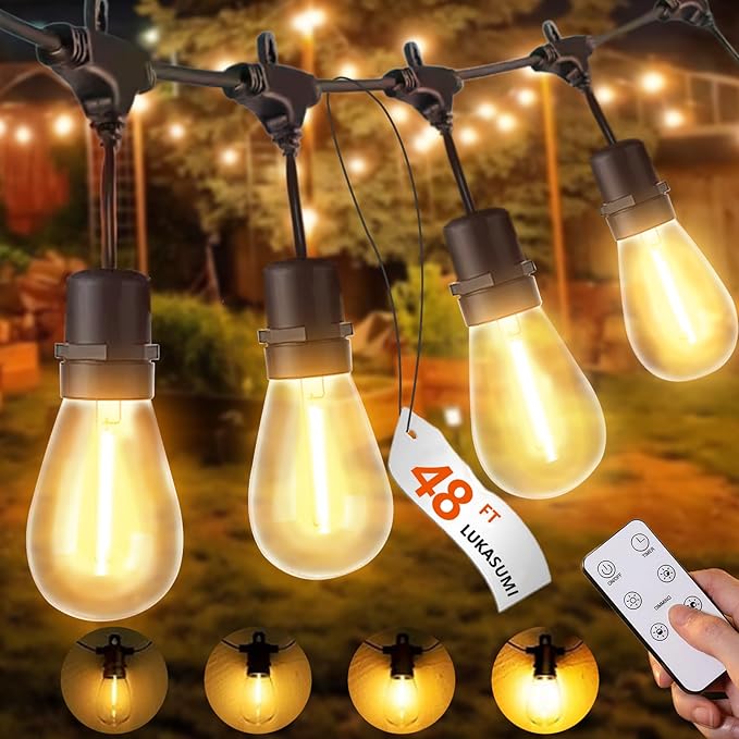 48Ft LED Outdoor String Lights with Dimmer, 15 Edison Bulbs Waterproof Patio String Lights with 4 Brightness Modes Remote Control (Included), Porch Backyard Bistro Decoration-CasaMuseHome