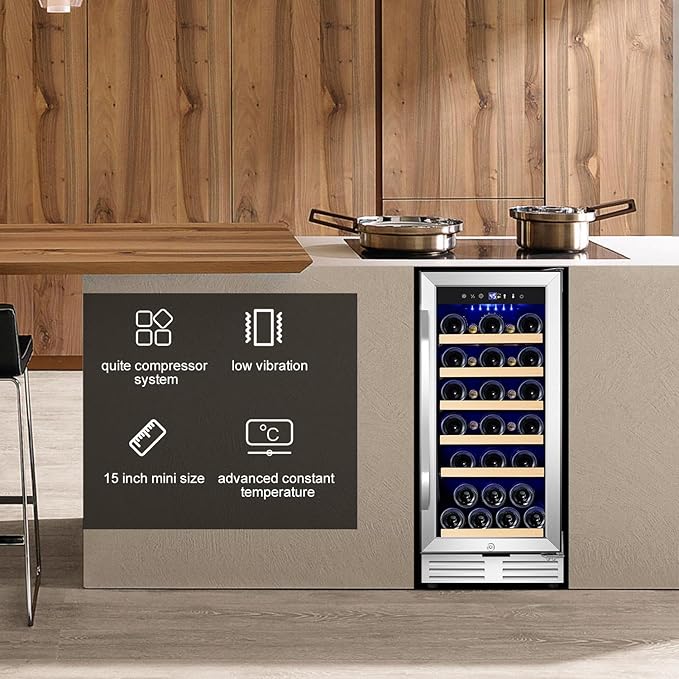 15 Inch Wine Fridge 32 Bottles Wine Cooler Refrigerator Undercounter Wine Fridge with Glass Door, LED Light, Removable Wooden Shelves, Built-in or Freestanding Wine Refrigerator for Home Office Bar-CasaMuseHome