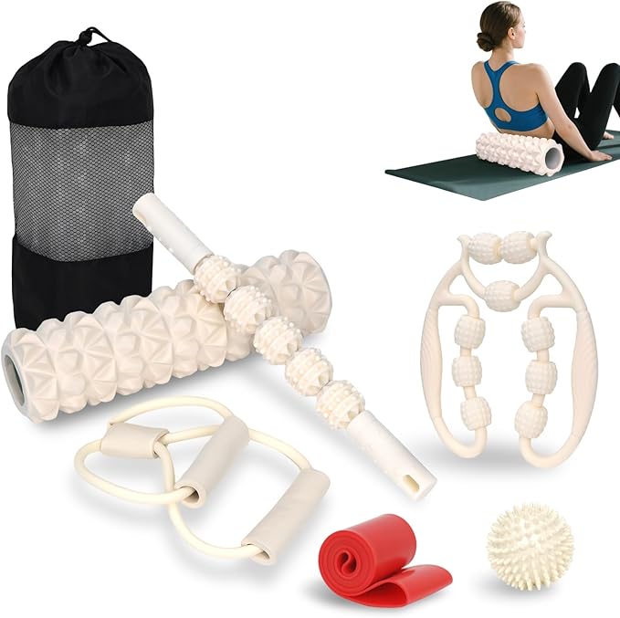 7 in 1 Foam Roller,Products Include Foam shafts,Muscle Roller Bars,Leg Massagers,Fascia Balls,Stretch Bands,8-Shaped Resistance Bands,are Used for Full-Body Relax,Yoga(White Pink Blue) (White)-CasaMuseHome