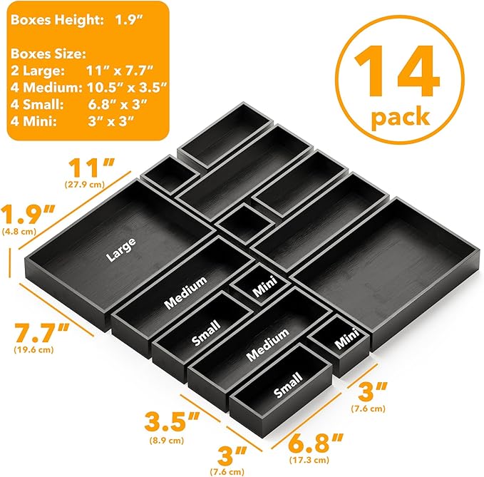 SpaceAid 14-Piece Bamboo Drawer Organizer Storage Boxes Set, Wood Tray Junk Drawer Organizers Multi-Use Divider Bins for Kitchen, Bathroom, Office Desk and Makeup Organization (14 Pack, Black)-CasaMuseHome
