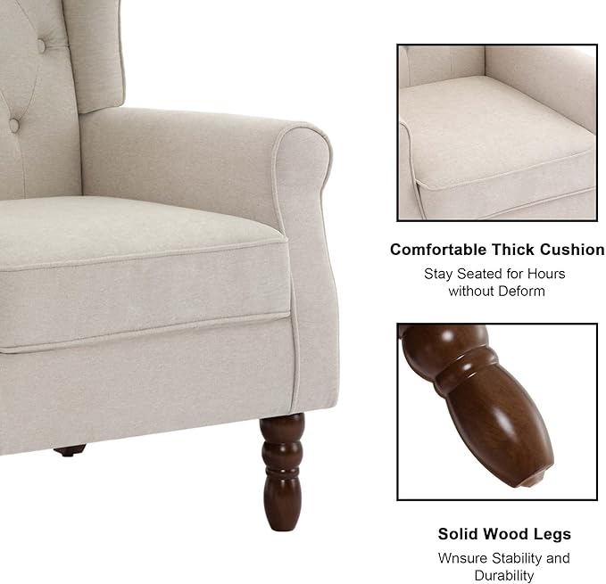 Accent Chair, Upholstered Armchair with Button Tufted High Back & Solid Wood Legs, Comfy Wingback Reading Single Sofa Chair for Small Spaces, Living Room, Bedroom-CasaMuseHome