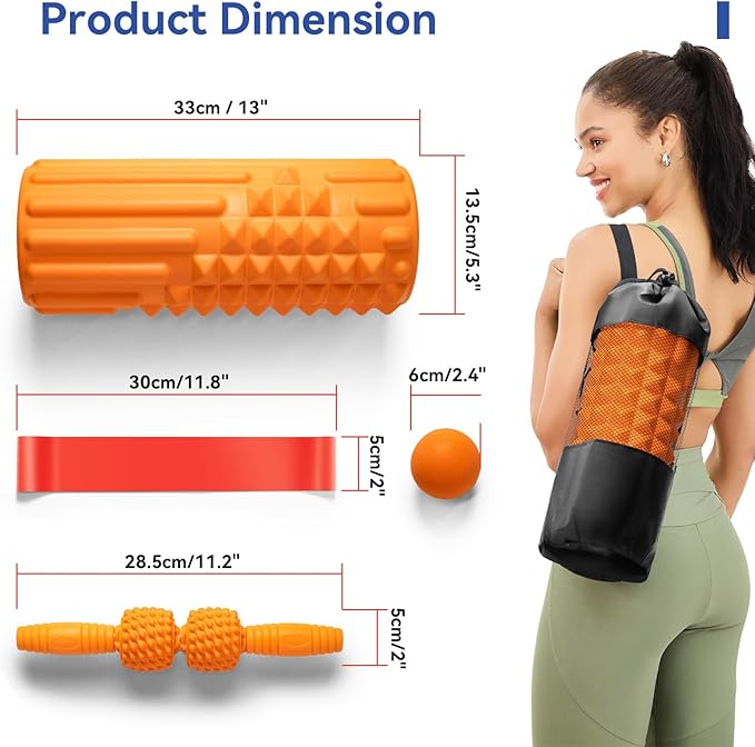 5 in 1 Foam Roller Set - Deep Tissue Foam Roller, Muscle Roller Stick, Massage Ball, Resistance Band for Physical Therapy & Deep Tissue Muscle Massage (Orange)-CasaMuseHome