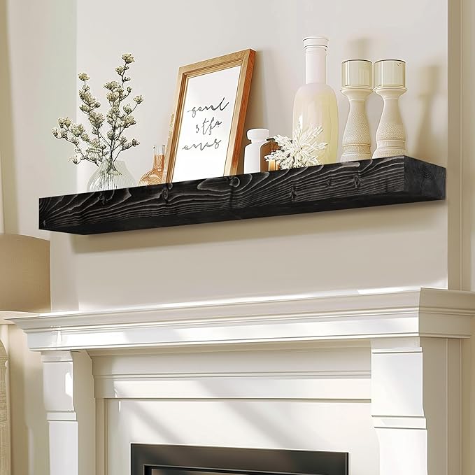 48x7x3 Fireplace Mantel - Solid Rustic Wood - Wall Mounted Floating Shelf with Invisible Heavy Duty Steel Bracket (Weathered Black)-CasaMuseHome