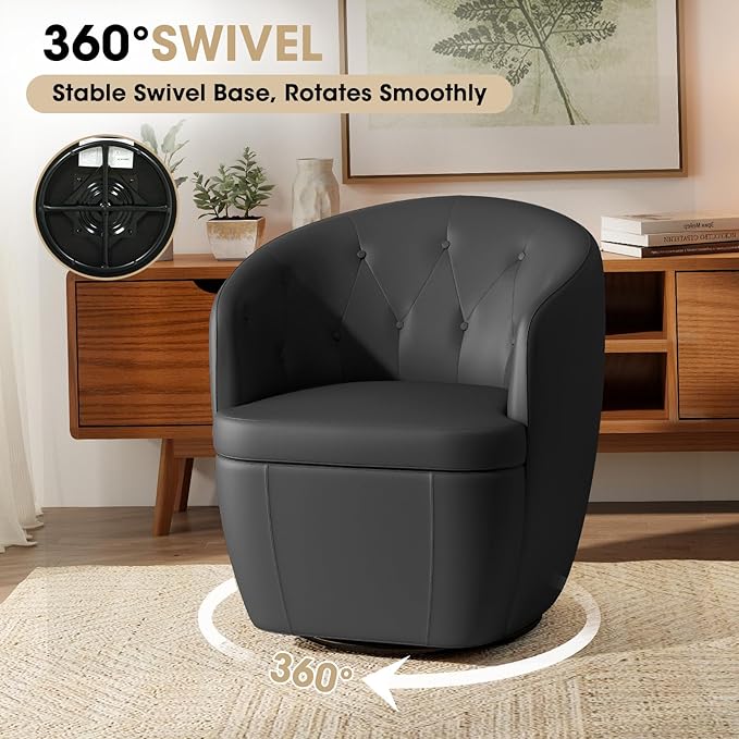 360° Swivel Leather Accent Chair, Modern Barrel Club Chair with Leather Upholstery and Sturdy Base, Comfortable Armchair for Living Room, Bedroom, Reading Nook, Brown-CasaMuseHome
