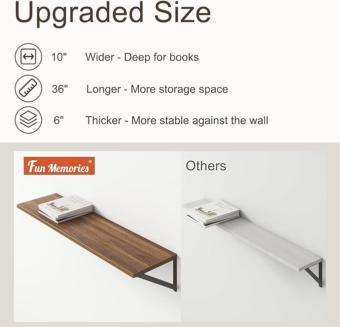 36"W x 10"D Floating Shelves, 10 Inch Deep Walnut Floating Shelves, Farmhouse Rustic Deep Wall Shelves for Home Decor, Wide Large Floating Shelf for Bathroom, Living Room, Kitchen, Study Room-CasaMuseHome