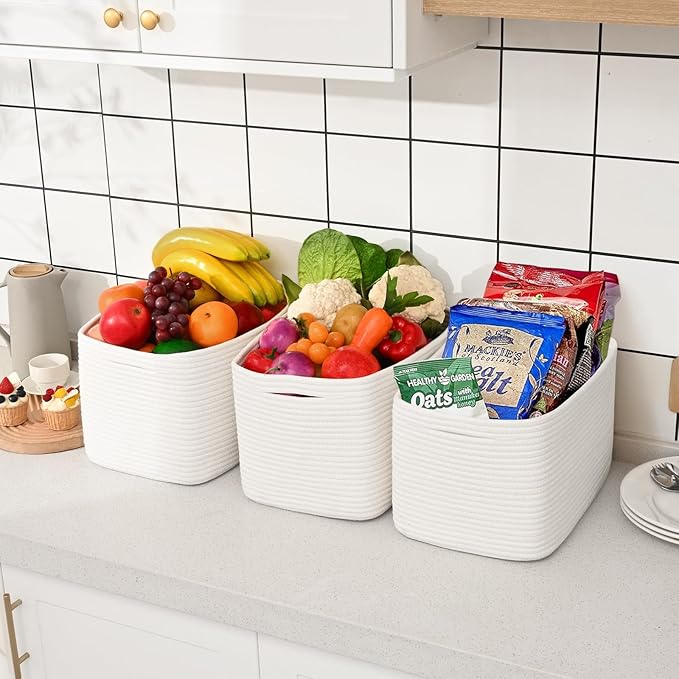 3-Pack Shelf Baskets for Organizing, Woven Storage Basket for Shelves, Cotton Rope Storage Bins for Toys Books, Nursery Towel Baskets for Classroom, 14.96"X9.8"X8.85", White-CasaMuseHome