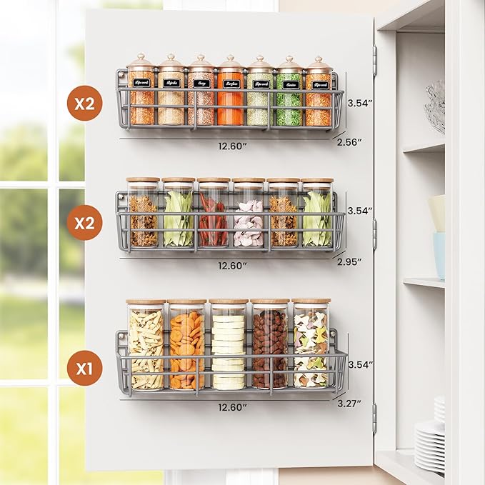 5 Pack Spice Rack Seasoning Organizer Wall Mount, Screw or Adhesive Hanging Shelf Basket Spice Organizer Shelf for Kitchen, Gray-CasaMuseHome