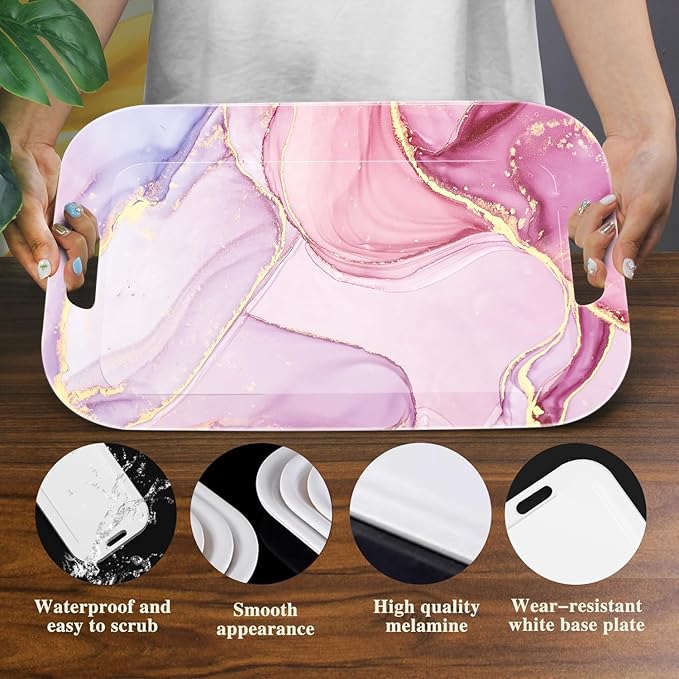 Serving Trays with Handles, 14.5 x 9.8 inch Rectangular Plastic Tray for Restaurant, Kitchen, Painting of Pink and Gold Marble-CasaMuseHome