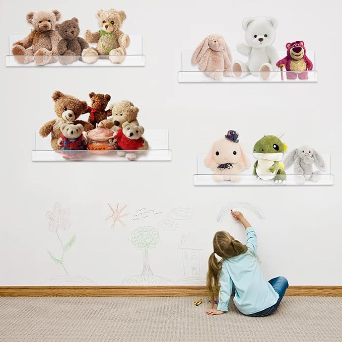 4 Pack Clear Acrylic Floating Shelves for Wall, 15'' Plastic Wall Mounted Display Shelf Kids Bookshelf and Spice Organizer for Bedroom, Living Room, Kitchen, Bathroom, Office-CasaMuseHome