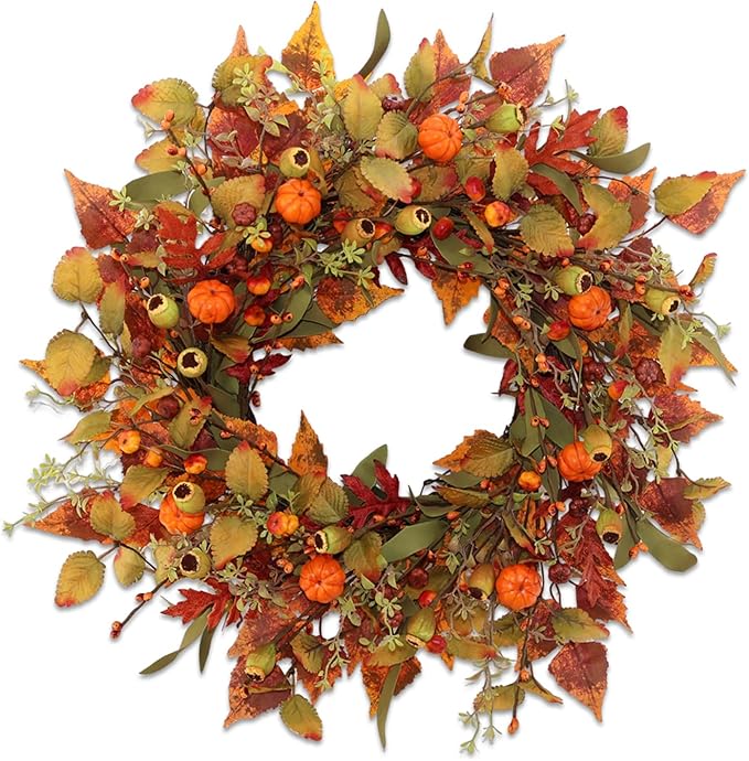 22 inch Artificial Fall Wreaths for Front Door,Autumn Wreath with Pumpkin and Maple Leaves Suitable for Indoor Outdoor Wall Porch Harvest Festival Thanksgiving Day Farmhouse Holiday Decor.-CasaMuseHome
