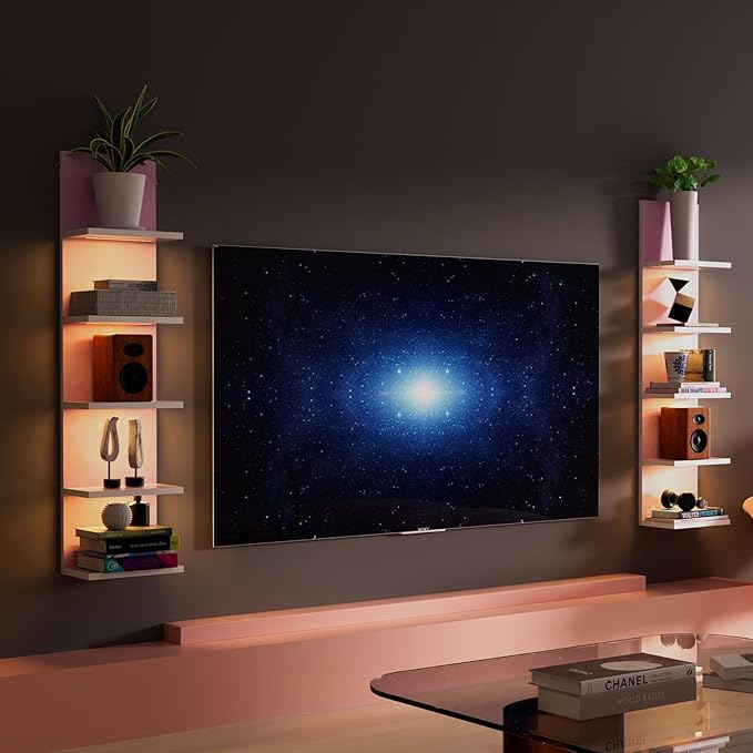 5 Tier Wall Shelf Unit,Modern Vertical Lack Wall Shelves with Light, Wall Mount, Floating Column Home Decor Shelves for Bedroom, Living Room, Vanity Storage Display(Pink)-CasaMuseHome